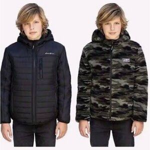 EDDIE BAUER Kids Boys Reversible Hooded Puffer Jacket Black Green Camo Fleece XL